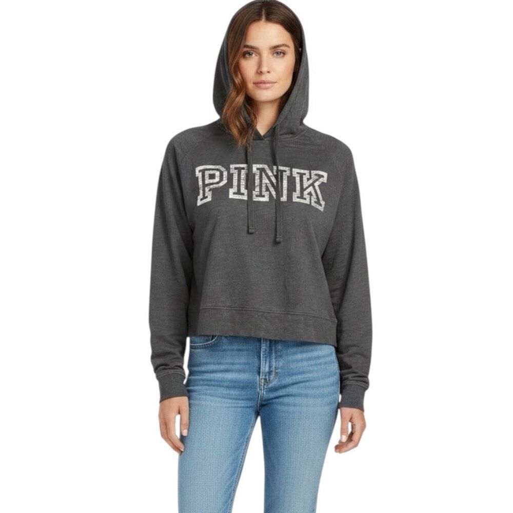PINK VICTORIA’S SECRET Women’s Dark Gray Lightweight Cropped Hoodie Medium